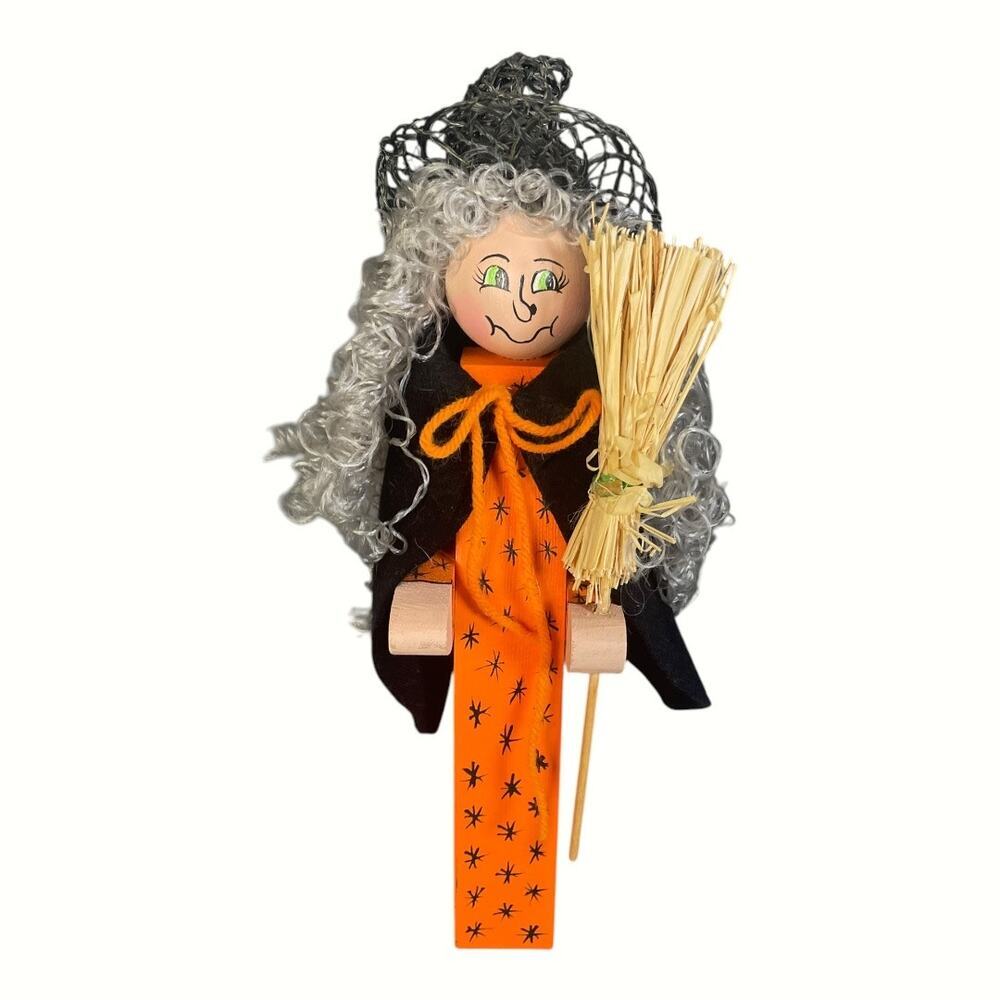 Vintage Handmade Wooden Hand Painted Halloween Witch Figure
